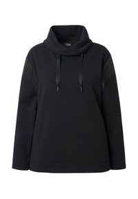 Sudadera negra con cuello tipo cowl, detalles de rayas plateadas en las mangas y cordones de satén negros. Tejido suave con un corte holgado.