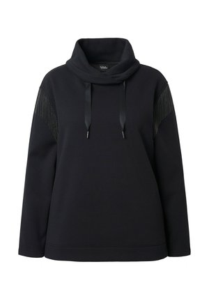 Zwarte sweatshirt met een capuchon, zilveren streepdetails op de mouwen en zwarte satijnen trekkoorden. Zacht materiaal met een ontspannen pasvorm.