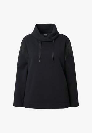 Schwarzer Sweatshirt mit Schalkragen, silbernen Streifen an den Ärmeln und schwarzen Satin-Kordeln. Weicher Stoff mit einem lockeren Schnitt.