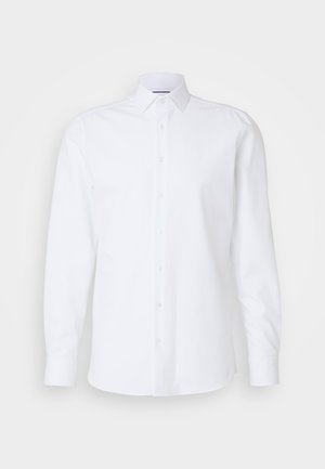 White long-sleeve button-up shirt made of smooth cotton. Features a classic collar, front placket with buttons, and a straight hem.