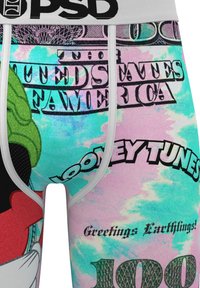 Kleurrijke boxer shorts met Looney Tunes-personages, met een geldthema ontwerp, roze en turquoise achtergrond en een grijze elastische tailleband.