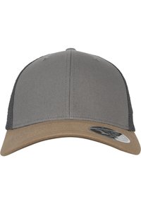 Gray trucker cap with a stiff brown brim, textured mesh back, and a circular logo sticker on the front, featuring a flat design.