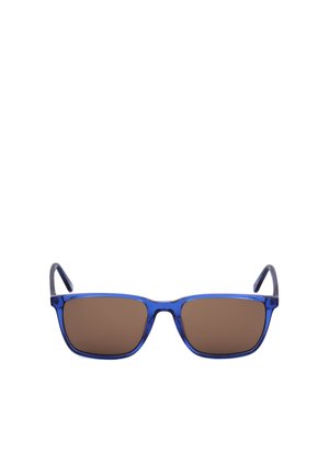 Occhiali da sole rettangolari blu con lenti marrone tonificate e aste blu scuro, mostrati su sfondo bianco.
