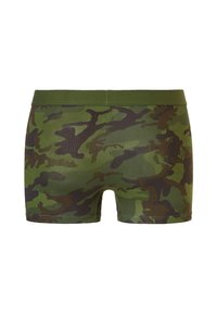 Boxers à motif camouflage en vert, brun et noir, avec une ceinture plate verte. Fabriqués en tissu doux et extensible pour le confort.