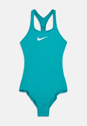 Maillot de bain une pièce turquoise Nike avec design racerback et logo Nike swoosh blanc sur la poitrine.