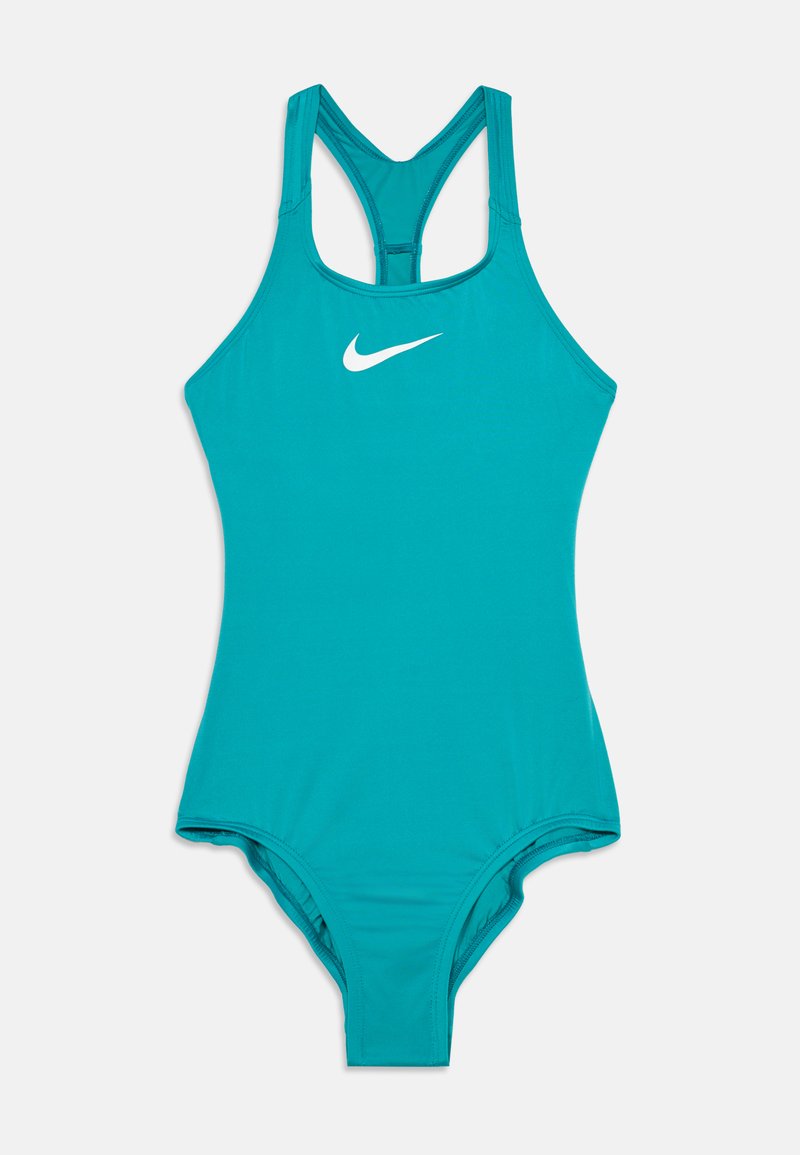 Τιρκουάζ ολόσωμο μαγιό Nike με σχεδιασμό racerback και λευκό λογότυπο Nike στη θώρακα.