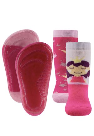 Rosa Socken mit einem gemusterten Prinzessinnen-Design und einem einfarbigen rosa Paar mit strukturierten Gummisohlen für besseren Grip. Glatte Textur, kniehohe Länge.
