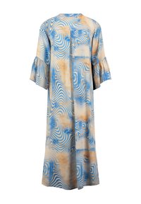 Blau- und beige gemustertes Kleid mit lässiger Passform, Rüschensäumen und V-förmigem Rücken, aus leichtem, glattem Stoff gefertigt.