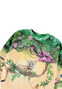 Sweatshirt featuring a vibrant design of a leopard cub, tropical plants, and pink flowers on a light background; made of soft fabric.