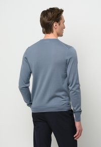 Rückansicht eines langärmeligen, hellblauen Pullovers aus weichem Material, mit Rundhalsausschnitt und geripptem Saum, getragen mit dunklen Hosen.