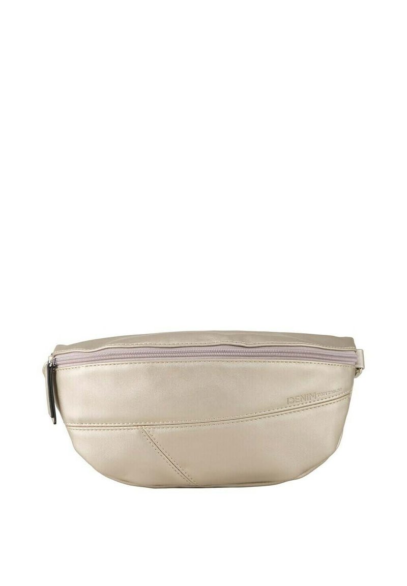 Sacchetto in tessuto beige con una texture liscia, dotato di chiusura con zip superiore e dettagli di cuciture diagonali. Logo discreto sul lato.
