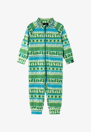 Grün-blauer, gemusterter Overall aus leichtem Stoff. Verfügt über einen durchgehenden Frontreißverschluss und lange Ärmel sowie verschiedene Tiermotive und Formen.