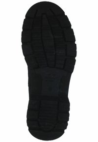 Black rubber shoe sole with deep treads. Features geometric patterns and pronounced ridges for enhanced traction. Brand name visible near heel.