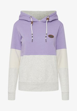Felpa con cappuccio di colore lavanda con blocchi di colore grigio e crema. Presenta una tasca a marsupio, un cordino con punte in plastica e una toppa con logo.
