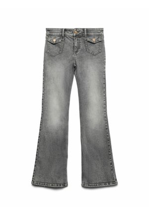 Grå denim jeans med flared ben featuring et falmet vask, fem lomme-design og kontrasterende guldfarvet hardware. Lige talje med knaplukning.