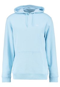 Sweat à capuche bleu clair avec poche avant, capuche à cordon, poignets et ourlet côtelés. Logo de la marque affiché en blanc sur la poitrine.