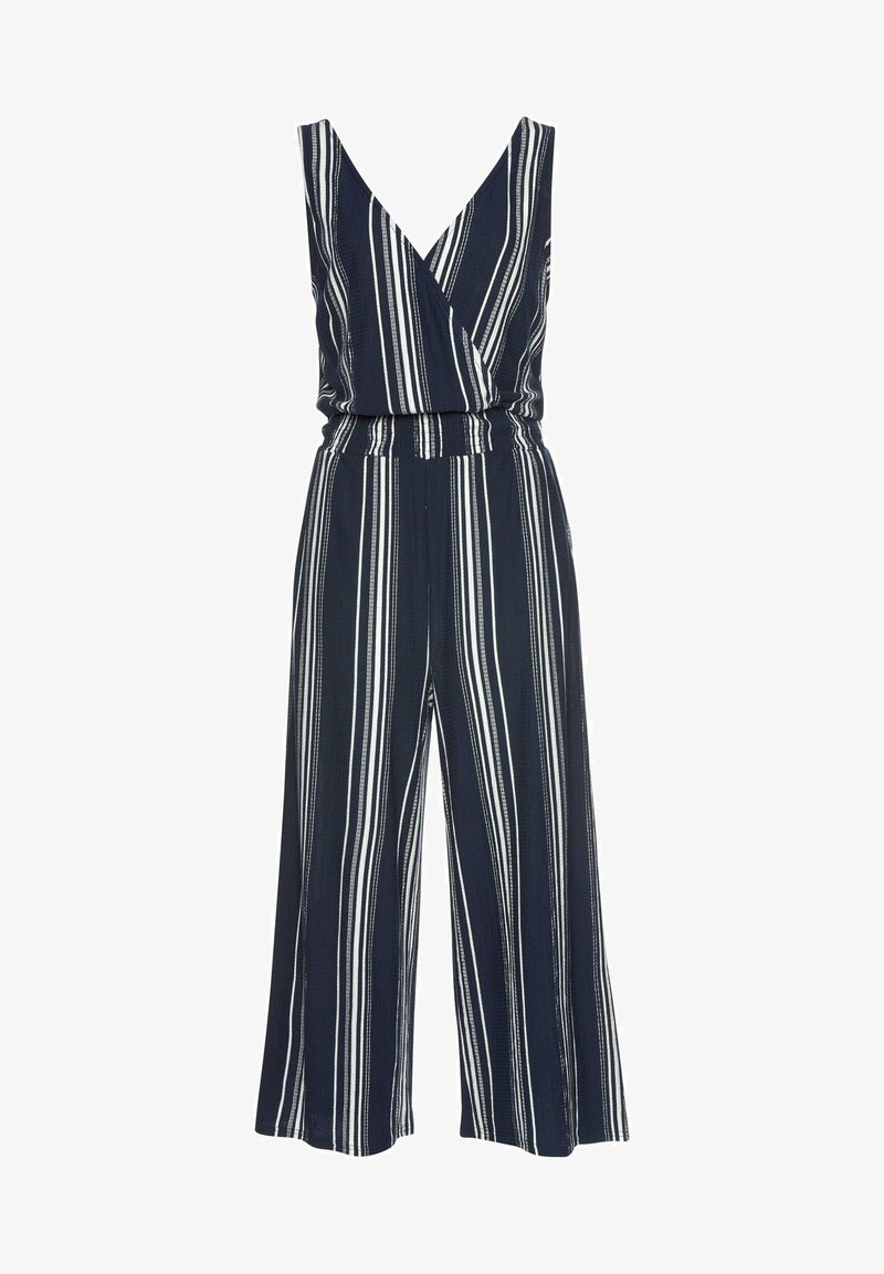 Marinblå jumpsuit med vita vertikala ränder, V-ringad design och elastisk midja. Vida ben, lättviktig tyg med en texturerad finish.