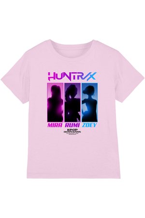Light pink shirt with neon silhouettes of three female figures labeled Mira, Rumi, and Zoey under the title "HUNTR X" in bold colors.