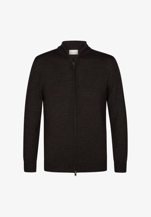 Cardigan nero con zip frontale e colletto alto, realizzato in un materiale morbido. Caratterizzato da maniche lunghe e bordi a coste.