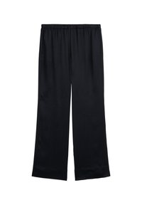 Zwarte, wijde broek gemaakt van een gladde stof. Heeft een elastische tailleband en zijzakken. Eenvoudig ontwerp zonder zichtbare patronen.