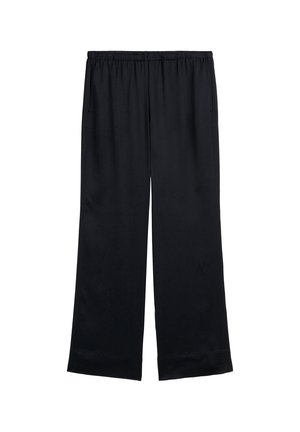 Schwarze, weit geschnittene Hosen aus einem glatten Stoff. Mit einem elastischen Bund und seitlichen Taschen. Einfaches Design ohne sichtbare Muster.
