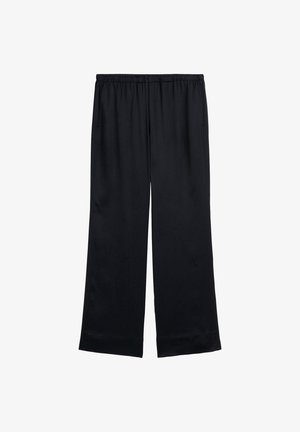 Pantalons larges noirs en tissu lisse. Dotés d'une taille élastique et de poches latérales. Design simple sans motifs visibles.