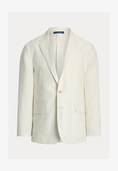 Šviesios spalvos lino švarkas su vieno mygtuko užsegimu, žirkliniais atlapais ir dviem priekinėmis kišenėmis. Tekstūruota medžiaga, laisvo silueto.