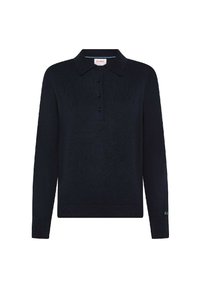 Maglione in polo a maniche lunghe di colore navy con texture a coste, pattina con tre bottoni e polsini. Presenta un colore uniforme e una vestibilità leggermente rilassata.