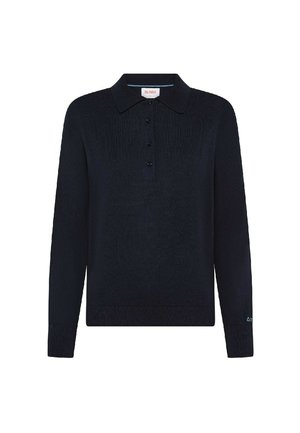 Maglione in polo a maniche lunghe di colore navy con texture a coste, pattina con tre bottoni e polsini. Presenta un colore uniforme e una vestibilità leggermente rilassata.