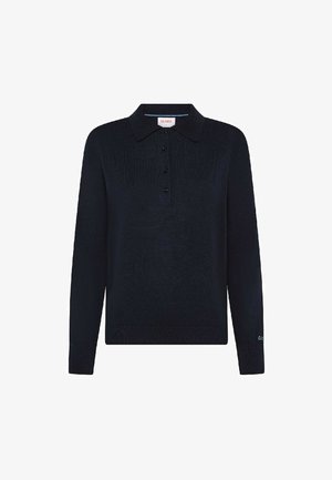 Maglione in polo a maniche lunghe di colore navy con texture a coste, pattina con tre bottoni e polsini. Presenta un colore uniforme e una vestibilità leggermente rilassata.