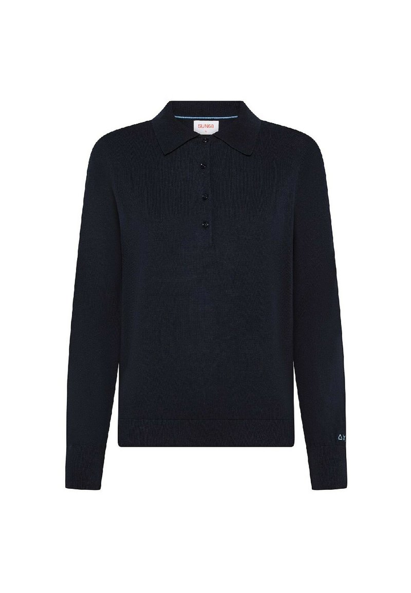 Maglione in polo a maniche lunghe di colore navy con texture a coste, pattina con tre bottoni e polsini. Presenta un colore uniforme e una vestibilità leggermente rilassata.