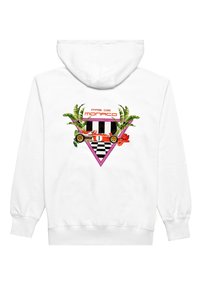 Biała bluza z kapturem z kolorowym wzorem graficznym, zawierającym liście palm, samochód wyścigowy oraz geometryczne kształty w kolorach różowym i czarnym.