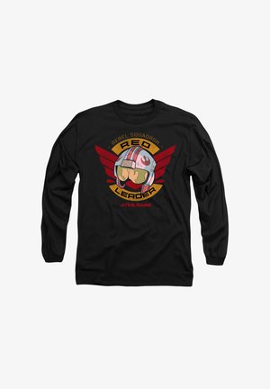 Black long-sleeve shirt featuring a colorful graphic of a helmet with wings and text "Rebel Squadron Red Leader," from Star Wars.