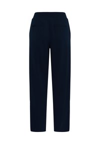 Pantalon bleu marine foncé à jambes droites avec poches passepoilées à l'arrière, vu de dos sur fond blanc.