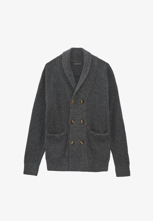 Szary dzianinowy kardigan z kołnierzem szalowym, podwójnym zapięciem na guziki i dwiema przednimi kieszeniami. Charakteryzuje się fakturowanym materiałem.