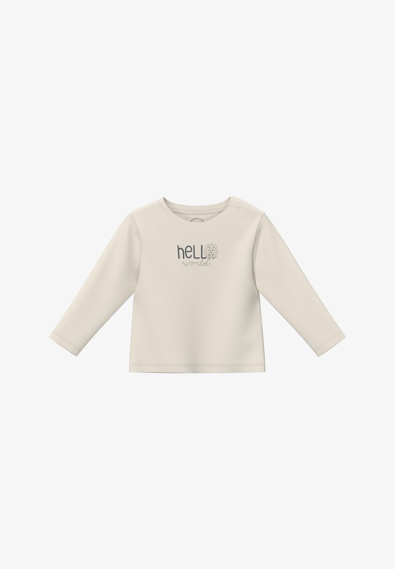 Langarm-Creme-Bluse mit rundem Ausschnitt, ausgestattet mit grauem Text, der "hello" über "world" abbildet, sowie Druckknöpfen an den Schultern für einfaches An- und Ausziehen.