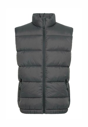 Padded šedá vesta s stojáčkovým límcem, předním zipovým zapínáním a dvěma bočními zipovými kapsami. Texturovaný prošívaný vzhled s horizontálními švy.