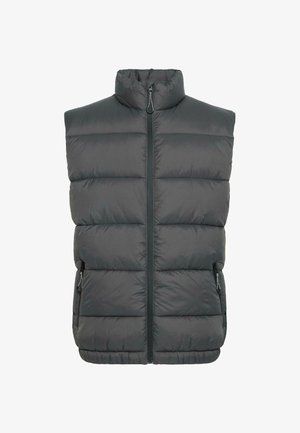 Padded šedá vesta s stojáčkovým límcem, předním zipovým zapínáním a dvěma bočními zipovými kapsami. Texturovaný prošívaný vzhled s horizontálními švy.
