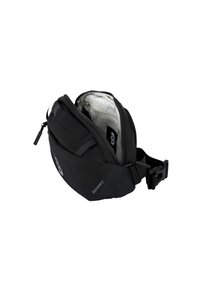 Bolso de cintura negro, material suave, forma curva, apertura con cremallera, correa ajustable con hebilla, interior forrado con patrón abstracto, detalle de logo en la parte delantera.