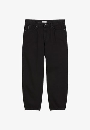 Svarta högmidjade raka jeans med framknapp och dragkedja, bälteshällor och femficksdesign.