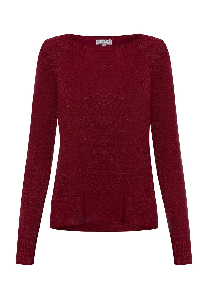 Burgunderfarbener Pullover mit langen Ärmeln aus funkelndem Strickstoff, mit Rundhalsausschnitt und einem dezenten Schlitzsaum am Boden.