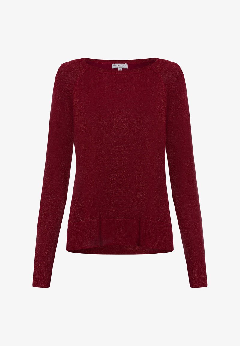 Burgunderfarbener Pullover mit langen Ärmeln aus funkelndem Strickstoff, mit Rundhalsausschnitt und einem dezenten Schlitzsaum am Boden.