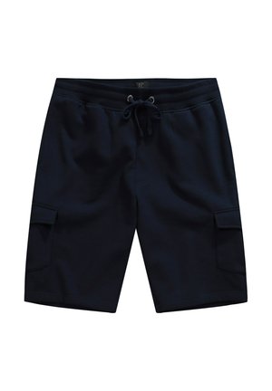 Pantalones cortos azul marino hasta la rodilla con cintura ajustable, fabricados en un material suave. Presenta dos bolsillos laterales y un ajuste cómodo.
