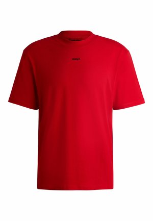 Red cotton t-shirt with a crew neck, short sleeves, and a black "HUGO" logo on the front. Smooth texture and relaxed fit.