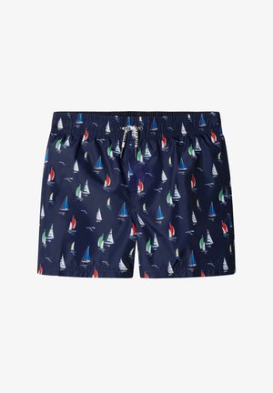 Marineblaue Schwimmshorts mit mehrfarbigen Segelbootmustern, elastischem Bund und weißem Kordelzug mit schwarzen Textakzenten.