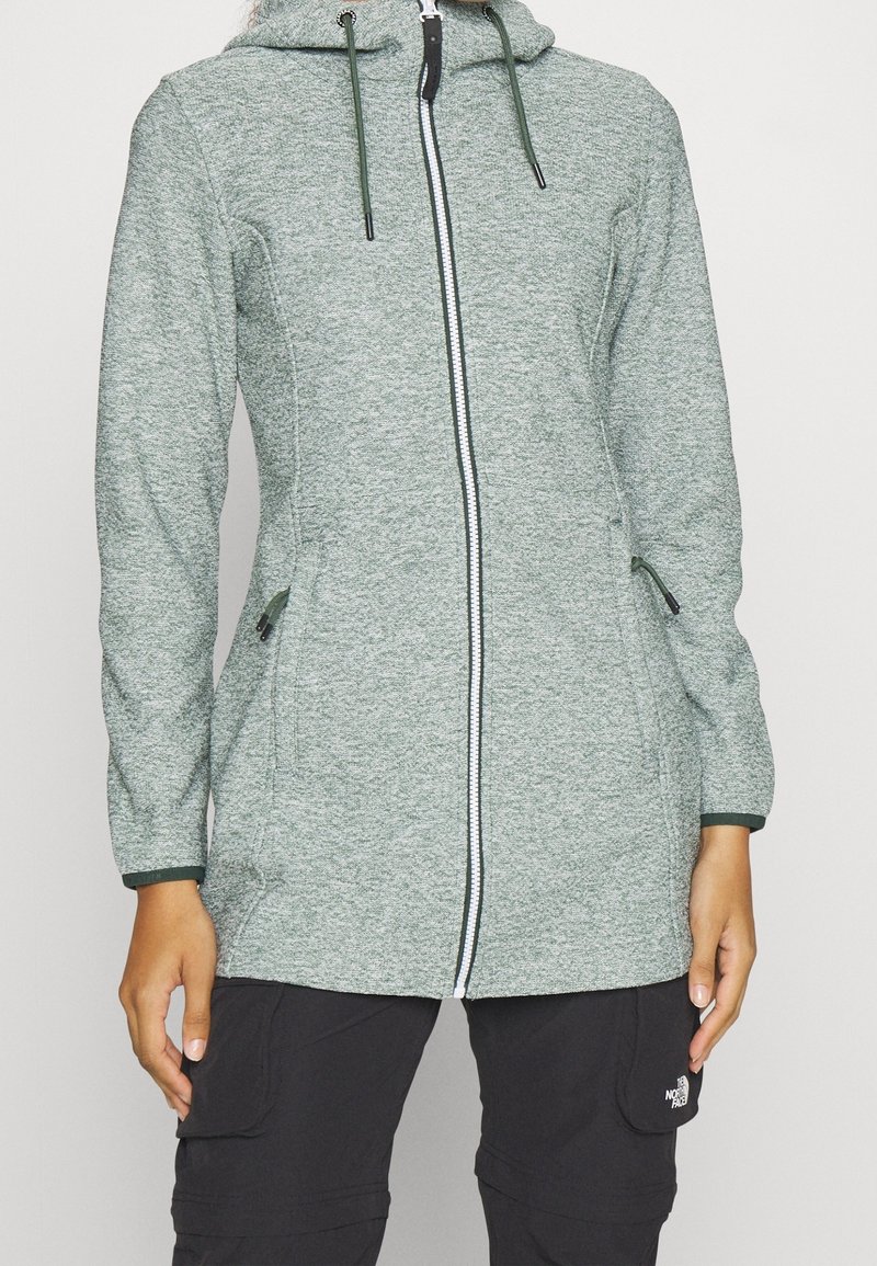 Manteau zippé gris-vert avec capuche, en tissu texturé, doté de poches latérales et de fermetures éclair et cordons de serrage contrastants.