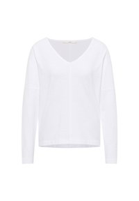 Weißes Langarm-V-Ausschnitt-Shirt mit einer mittleren Naht und lockerer Passform, auf einem schlichten weißen Hintergrund präsentiert.