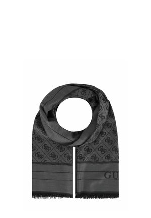 Black scarf featuring a diamond pattern and subtle logo. Made of soft fabric with fringe ends, showcasing a sleek, smooth texture.