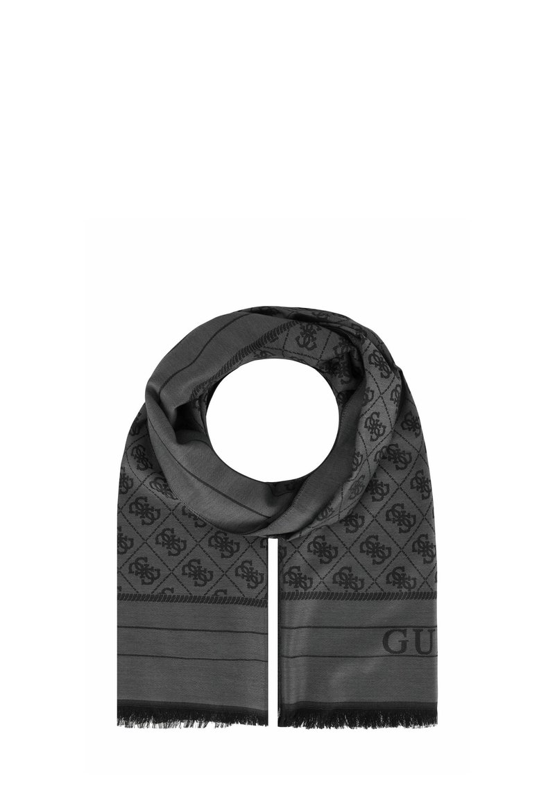 Écharpe noire avec un motif en losange et un logo discret. Fabriquée en tissu doux avec des extrémités à franges, elle présente une texture lisse et élégante.