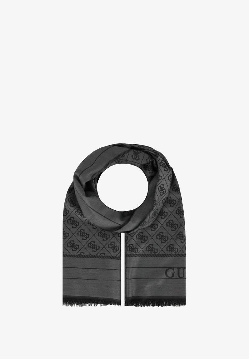 Black scarf featuring a diamond pattern and subtle logo. Made of soft fabric with fringe ends, showcasing a sleek, smooth texture.